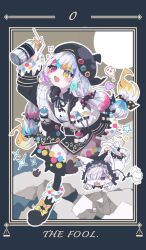  1girl :d animalization asymmetrical_footwear beret black_hat black_jacket black_pantyhose black_shoes blue_border blush_stickers border bow collared_shirt colored_tips commentary_request contrast_collar full_body green_bow hair_bow hat heterochromia highres holding holding_spray_can jacket jacket_partially_removed jogasaki_noah long_hair long_sleeves mahou_shoujo_no_majo_saiban male_focus mismatched_footwear multi-tied_hair multicolored_eyes multicolored_hair natsume_an-an neck_ribbon off_shoulder paintbrush pantyhose polka_dot polka_dot_bow polka_dot_skirt red_eyes ribbon shirt shoes skirt sleeve_bow smile solo sparkle spray_can streaked_hair tarot the_fool_(tarot) thumpthum white_hair white_shirt yellow_bow yellow_eyes 