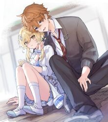  1boy 1girl absurdres alternate_costume blonde_hair blue_eyes cardigan collared_shirt commentary_request duplicate earrings flower genshin_impact grey_cardigan hair_between_eyes hair_flower hair_ornament hetero highres jacket jewelry kneehighs lumine_(genshin_impact) miniskirt naya_nya23 necktie orange_hair paimon_(genshin_impact) red_necktie school_uniform shirt short_hair short_hair_with_long_locks skirt socks tartaglia_(genshin_impact) thighs white_flower white_socks yellow_eyes 