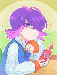  1girl blue_vest dot_(pokemon) hair_over_one_eye highres holding holding_phone long_sleeves parted_lips phone pokemon pokemon_(anime) pokemon_horizons purple_hair reverse_trap rotom rotom_phone runachikku solo star_(symbol) vest violet_eyes 