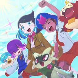  1boy 1other 2girls absurdres arm_up blue_eyes blue_jacket brown_jacket brown_skirt commentary_request dot_(pokemon) floragato fuecoco hair_ornament hair_over_eyes hairclip hat highres jacket liko_(pokemon) multiple_girls necktie one_eye_closed open_mouth orange_necktie orange_shorts pokemon pokemon_(anime) pokemon_horizons purple_hair quaxly roy_(pokemon) runachikku shorts skirt white_hat 