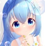  absurdres blue_eyes blue_hair bubble child collarbone commentary_request dian_zhi_sang dress female_child flower flower_ornament gochuumon_wa_usagi_desu_ka? highres kafuu_chino light_rays light_smile looking_at_viewer reflection smile soap_bubble_blower soap_bubbles solo_focus white_dress 