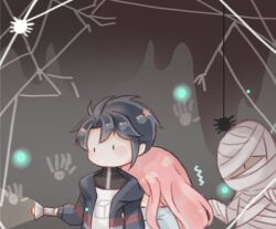  1boy 1girl 1other adapted_costume aeon_(shining_nikki) ambiguous_gender black_shirt blue_hair blue_jacket blue_shirt blush_stickers bug chibi chinese_commentary commentary_request cube expressionless flashlight handprint haunted_house_(attraction) holding holding_flashlight hood hood_down hooded_jacket hug hug_from_behind indoors interruption_(echo-023) jacket layered_shirt long_hair long_sidelocks long_sleeves looking_ahead messy_hair mummy nikki_(nikki) nikki_(series) no_mouth open_clothes open_jacket pink_hair print_shirt puffy_long_sleeves puffy_sleeves scared shining_nikki shirt short_hair sidelocks silk solid_oval_eyes spider spider_web trembling turtleneck turtleneck_shirt upper_body very_long_hair wavy_hair white_shirt 