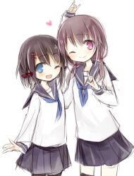  2girls :d ;) ;d \m/ amakaze_sora arm_up black_pantyhose black_sailor_collar black_skirt blue_hair blue_neckerchief brown_hair closed_mouth cowboy_shot fang hair_ornament hair_over_shoulder hairclip long_hair long_sleeves low_twintails multiple_girls neckerchief one_eye_closed original pantyhose pleated_skirt puffy_long_sleeves puffy_sleeves sailor_collar shirt simple_background skirt smile twintails violet_eyes white_background white_shirt 
