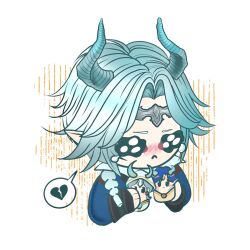  1boy :< angert_(infinity_nikki) aqua_hair aqua_horns black_eyes black_vest blue_tunic blush bracer braid broken_heart chibi chinese_commentary circlet closed_mouth collared_shirt commentary_request cropped_torso crying crying_with_eyes_open dragon_boy dragon_horns frown gloom_(expression) hair_over_shoulder heart high_collar highres holding holding_toy horns infinity_nikki long_hair long_sleeves male_focus medael_(infinity_nikki) meghill_(infinity_nikki) mohan83146 nikki_(series) parksolian_(infinity_nikki) pointy_ears procreate_(medium) puffy_long_sleeves puffy_sleeves sad shirt single_braid solo speech_bubble spoken_broken_heart teardrop tears toy tunic vest white_background white_shirt 