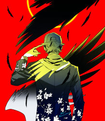  1boy black_feathers black_wings blonde_hair dazai_ichiro falling_feathers feathers finger_to_head floral_print from_behind hat highres hood hoodie jacket_over_hoodie jouin_high_school_uniform kaosuwaruta male_focus red_background school_uniform shin_megami_tensei shin_megami_tensei_v short_hair spoilers wings 