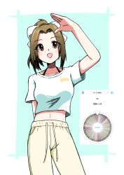  1girl absurdres arm_behind_back arm_up blue_background blush border bow brown_eyes brown_hair collarbone commentary_request crop_top drawstring eyelashes hair_bow hair_intakes highres idolmaster idolmaster_cinderella_girls manabe_itsuki masaki_comic midriff navel open_mouth pants ponytail screenshot_inset shirt short_hair short_sleeves simple_background smile solo sweatpants white_border white_bow white_pants white_shirt 