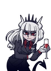  1girl alcohol black_necktie black_suit black_tail breasts collared_shirt cup demon_girl demon_horns demon_tail drinking_glass hair_up helltaker holding holding_cup horns long_sleeves looking_at_viewer lucifer_(helltaker) medium_breasts mole mole_under_eye necktie non-web_source official_art red_eyes red_shirt red_wine ringed_eyes shirt solo suit tail transparent_background vanripper white_hair white_horns wine wine_glass 