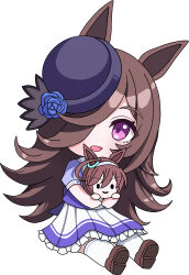  1girl :d animal_ears blue_flower blue_rose brown_hair brown_shoes character_doll chibi chibi_only commentary_request doll fascinator flower full_body hair_over_one_eye highres horse_ears horse_girl loafers long_hair looking_at_viewer mihono_bourbon_(umamusume) open_mouth pleated_skirt puffy_short_sleeves puffy_sleeves purple_skirt rice_shower_(umamusume) rose school_uniform seemu_(wnslqjdignv_) shoes short_sleeves simple_background sitting skirt smile solo thigh-highs tracen_school_uniform umamusume violet_eyes white_background white_skirt white_thighhighs 