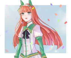  1girl animal_ears black_gloves blunt_bangs blush commentary_request confetti ear_covers gloves green_eyes green_sailor_collar green_sleeves hairband highres hime_cut horse_ears horse_girl horse_tail long_hair long_sleeves nayasana101210 open_mouth orange_hair orange_tail pleated_skirt sailor_collar silence_suzuka_(innocent_silence)_(umamusume) silence_suzuka_(umamusume) skirt smile solo sweat tail umamusume white_hairband white_skirt 