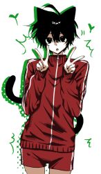  1boy animal_ears black_hair cat_boy cat_ears cat_tail cowboy_shot double_v highres jacket male_focus mole mole_under_eye original red_jacket red_shorts rnk_77wvv short_hair short_shorts shorts simple_background solo tail track_jacket v white_background 