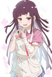  1girl :d apron bandaged_arm bandages black_hair blue_skirt blunt_bangs blunt_ends blush collared_shirt commentary cowboy_shot danganronpa_(series) danganronpa_2:_goodbye_despair floating_hair furrowed_brow grey_eyes hands_up highres index_fingers_together long_hair looking_at_viewer maho_ron1 mole mole_under_eye nurse open_mouth paid_reward_available pink_shirt pleated_skirt puffy_short_sleeves puffy_sleeves ringed_eyes shirt short_sleeves sidelocks simple_background skirt smile solo tsumiki_mikan very_long_hair white_apron white_background 