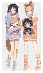  2girls animal_ears blue_cardigan blue_hair blue_shorts blue_socks brown_eyes brown_hair camisole cardigan character_doll cho_kaguya-hime! closed_mouth colored_inner_hair doll forehead_jewel fox_ears fox_girl fox_tail highres kaguya_(cho_kaguya-hime!) multicolored_hair multiple_girls no_shoes orange_cardigan orange_shorts orange_socks rabbit_ears rabbit_girl sakayori_iroha sakayori_iroha_(tsukuyomi) shirt shorts sleeves_past_fingers sleeves_past_wrists socks striped_clothes striped_socks tail tied_ears urtk07 white_camisole white_shirt 