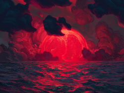  bird clouds dark_cloud english_commentary falling landscape no_humans ocean original red_sun rhads sun 