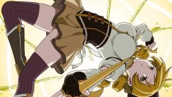  1girl 6kan arm_warmers blonde_hair boots breasts brown_boots brown_corset brown_hat brown_thighhighs commentary_request corset drill_hair fingerless_gloves gloves hat highres knee_boots large_breasts looking_at_viewer low_twintails mahou_shoujo_madoka_magica mahou_shoujo_madoka_magica_(anime) neck_ribbon parted_lips puffy_short_sleeves puffy_sleeves ribbon short_sleeves skirt solo striped_clothes striped_thighhighs thigh-highs tomoe_mami tomoe_mami_(magical_girl) twin_drills twintails vertical-striped_clothes vertical-striped_thighhighs white_arm_warmers yellow_eyes yellow_ribbon yellow_skirt 