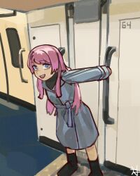  1girl absurdres bang_dream! bang_dream!_it's_mygo!!!!! chihaya_anon coat commentary door grey_eyes highres long_coat long_hair long_sleeves lunafeast mygo!!!!!_(bang_dream!) open_mouth pink_hair smile standing subway 