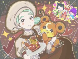  >_< 1boy 3girls blush_stickers brown_eyes brown_skirt cake cake_slice dot_(pokemon) drill_hair food fuecoco green_hair hat highres holding holding_plate holding_pokemon katy_(pokemon) licking_lips liko_(pokemon) multiple_girls parted_lips plate pokemon pokemon_(anime) pokemon_(creature) pokemon_horizons quaxly roy_(pokemon) runachikku shirt skirt sprigatito teddiursa tongue tongue_out white_hat white_shirt 