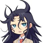  1girl bags_under_eyes black_hair blazer blue_hair blush bright_pupils brown_jacket collared_shirt commentary_request expressionless hair_between_eyes hair_horns hospital_king jacket kuroki_tomoko long_bangs long_hair looking_at_viewer messy_hair necktie open_mouth red_necktie ringed_eyes shirt simple_background solo upper_body watashi_ga_motenai_no_wa_dou_kangaetemo_omaera_ga_warui! white_background white_pupils white_shirt 