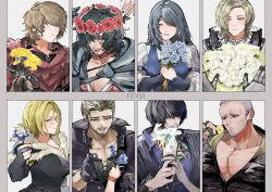  2girls 6+boys barnabas_tharmr beard_stubble benedikta_harman black_cloak black_dress black_gloves black_hair black_jacket blonde_hair blue_eyes blue_flower blue_shirt blue_vest border bouquet braid breasts brown_gloves brown_hair child cidolfus_telamon clive_rosfield cloak closed_eyes closed_mouth collarbone columbine_(flower) commentary_request dion_lesage disembodied_hand dress facial_hair fingerless_gloves flower forget-me-not_(flower) fur-trimmed_dress fur_trim furrowed_brow gauntlets gloves grey_border grey_eyes grey_hair hair_between_eyes hair_over_one_eye head_wreath highres holding holding_bouquet holding_flower hugo_kupka jacket jewelry jill_warrick joshua_rosfield jote_(ff16) large_breasts light_smile lily_(flower) long_hair looking_at_viewer medium_breasts midadol_telamon multiple_boys multiple_girls multiple_rings open_mouth out_of_frame parted_bangs parted_lips partially_fingerless_gloves pectorals police portrait purple_flower red_flower red_vest ring rose scar scar_on_cheek scar_on_face shirt short_hair side_braid single_glove stubble sweatdrop terrence_(ff16) upper_body very_short_hair vest white_background white_flower white_rose white_shirt wristband y_esv4 yellow_eyes yellow_flower 