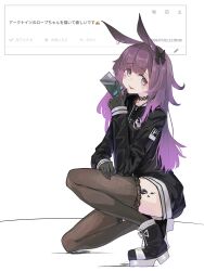  1girl absurdres animal_ears ankle_boots arknights black_boots black_bow black_choker black_gloves black_jacket boots bow brown_thighhighs choker commentary_request fan_request full_body gloves hand_on_own_thigh highres holding jacket light_smile long_hair long_sleeves looking_at_viewer matcha_tiger77 material_growth on_one_knee oripathy_lesion_(arknights) partial_commentary purple_hair request_inset rope_(arknights) solo thigh-highs violet_eyes white_background 