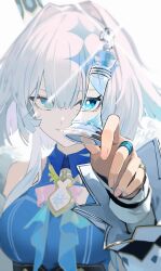  1girl absurdres blue_eyes blue_hair breasts bright_pupils cerydra_(honkai:_star_rail) chess_piece commentary_request crown diamond-shaped_pupils diamond_(shape) fingernails highres holding holding_chess_piece honkai:_star_rail honkai_(series) jewelry king_(chess) long_hair medium_breasts merah_drow mini_crown ring smile symbol-shaped_pupils white_pupils 