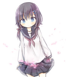  1girl amakaze_sora black_hair black_sailor_collar black_skirt blue_eyes blush brown_neckerchief closed_mouth hair_between_eyes hair_ornament hair_over_shoulder hairclip long_hair long_sleeves looking_at_viewer low_twintails neckerchief original pleated_skirt puffy_long_sleeves puffy_sleeves sailor_collar school_uniform serafuku shirt skirt solo twintails white_background white_shirt 