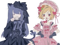  2girls :d alternate_costume black_bow black_dress blonde_hair blue_bow blue_hair blunt_bangs bow cat_girl cat_tail closed_eyes cup dress frederica_bernkastel hair_bow hands_on_own_hips highres jibun_dake_ga_shinjirarenai lambdadelta multiple_girls pink_dress red_bow red_eyes smile tail tail_bow tail_ornament teacup umineko_no_naku_koro_ni upper_body 