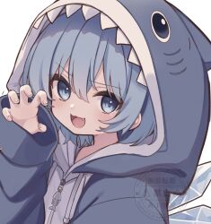  1girl :d animal_hood blue_eyes blue_hair blue_hoodie blush cirno claw_pose commentary_request detached_wings fang highres hood hood_up hoodie ice ice_wings long_sleeves looking_at_viewer shark_hood simple_background single_claw_pose smile solo touhou unfinished upper_body watermark white_background wings yuineko 
