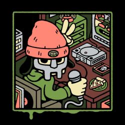  1boy animal_ears beanie black_border border chair commentary cosplay crt dog_boy dog_ears drew_wise english_commentary food furry furry_female game_console green_hoodie hat highres holding holding_microphone hood hood_down hoodie looking_at_viewer looking_back male_focus mf_doom mf_doom_(person) mf_doom_(person)_(cosplay) microphone orange_hat parappa parappa_the_rapper pizza pizza_slice playstation_1 shelf solo upper_body v 