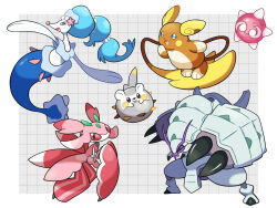  2girls @_@ alolan_raichu antennae arm_up arms_up border claws commentary_request curled_up diamond-shaped_pupils diamond_(shape) dot_nose fumi_tsu_ki furry furry_female golisopod grid_background hair_ornament hand_on_own_face lurantis minior minior_(core) minior_(red_core) multiple_girls open_mouth outside_border outstretched_arm pokemon pokemon_(creature) primarina red_eyes slit_pupils smile spikes starfish_hair_ornament symbol-shaped_pupils togedemaru tongue triangle_mouth white_border 