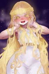  1boy absurdres armlet armpits arms_up belt blonde_hair blush braid circlet colored_eyelashes commentary contrapposto cowboy_shot curtained_hair dress ekrea_jan elden_ring gold_armlet gold_circlet half-closed_eyes half_up_half_down_braid hands_on_own_face head_tilt heart heart-shaped_pupils heavy_breathing high-waist_belt highres jewelry long_hair male_focus miquella_(elden_ring) nose_blush open_mouth parted_hair raised_inner_eyebrows sleeveless sleeveless_dress smile steam symbol-shaped_pupils trap very_long_hair wavy_hair white_dress yandere yandere_trance yellow_eyes 