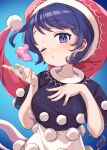  1girl absurdres blob blue_background blue_eyes blue_hair blush doremy_sweet dream_soul dress e_sdss fingernails hat highres multicolored_clothes multicolored_dress nightcap one_eye_closed parted_lips pom_pom_(clothes) red_headwear short_hair short_sleeves solo tail tapir_tail touhou upper_body 