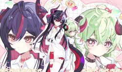  2girls absurdres ahoge behind_another black_choker body_markings choker collarbone collared_shirt commentary crossed_arms curled_horns curly_hair dragon_girl dragon_horns dragon_tail english_commentary goat_girl goat_horns green_hair hair_between_eyes hair_intakes hair_ornament height_difference highres horns iroi_(nte) leaning_back leaning_to_the_side light_blush long_hair long_sleeves looking_at_viewer looking_down looking_to_the_side multicolored_eyes multicolored_hair multiple_girls navel neverness_to_everness partially_unbuttoned purple_hair red_eyes red_shorts shinku_(nte) shirt short_shorts shorts standing stomach streaked_hair symbol-shaped_pupils tail thigh-highs two-tone_hair upper_body vaccinefornte white_shirt white_thighhighs 