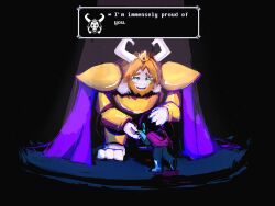  1boy 1other adoptive_parent_and_adoptive_child anon1057 armor asgore_dreemurr asgore_dreemurr_(dark_world) beard blonde_hair claws crown crying crying_with_eyes_open deltarune facial_hair fangs floppy_ears furrowed_brow furry furry_male goat_horns gold_armor headpat highres holding_hands horns kris_(dark_world)_(deltarune) kris_(deltarune) looking_at_another one_eye_closed open_mouth parent_and_child skin_fangs tears utdr_(toby_fox) video_game_dialogue_box white_fur 