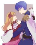  1boy 1girl absurdres arm_around_waist blue_coat cape chikefu coat commentary_request dancing dress finn_(fire_emblem) fire_emblem fire_emblem:_genealogy_of_the_holy_war fire_emblem_heroes gloves hetero highres interlocked_fingers lachesis_(fire_emblem) lachesis_(masquerade)_(fire_emblem) looking_at_another red_dress sleeveless sleeveless_dress white_cape white_gloves 