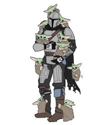  2boys armor blackxg0ld boots brown_robe closed_eyes colored_skin commentary_request creature creature_on_head din_djarin full_armor green_skin grogu helmet highres holding holding_creature korean_commentary male_focus mandalorian_armor mandalorian_helmet multiple_boys robe sleeping smile standing star_wars the_mandalorian the_mandalorian_and_grogu white_background zzz 