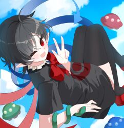  1girl :d ;d asymmetrical_wings black_dress black_hair black_thighhighs blue_sky blue_wings blush bow bowtie chimi_(s2yuyukos2) clouds commentary day dress fang green_snake highres houjuu_nue looking_at_viewer medium_hair one_eye_closed open_mouth outdoors pointy_ears red_bow red_bowtie red_eyes red_wings short_sleeves skin_fang sky smile snake snake_wrapped_around_arm solo thigh-highs touhou ufo w wings 