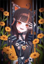  1girl ahoge animal_ear_headphones animal_ears arm_belt asymmetrical_sleeves behind_bars belt black_choker black_hair black_nails black_sweater bow cat_ear_headphones cat_ears choker commentary_request eyeball_hair_ornament fake_animal_ears flower hand_over_eye headphones highres korean_commentary long_sleeves looking_at_viewer mahou_shoujo_no_majo_saiban multicolored_hair nail_polish open_mouth orange_eyes orange_nails orange_streaks sawatari_coco sharp_teeth shirt short_hair skull slit_pupils solo streaked_hair striped_bow striped_sleeves stuffed_animal stuffed_cat stuffed_toy sweater teeth unless29 upper_body white_shirt yellow_flower 