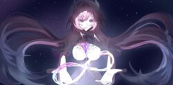  185chu 1girl amphoreus_(honkai:_star_rail) aqua_hair breasts cyrene_(demiurge)_(honkai:_star_rail) cyrene_(honkai:_star_rail) diamond-shaped_pupils diamond_(shape) dress flower hair_flower hair_ornament highres honkai:_star_rail honkai_(series) large_breasts long_hair mobius_strip multicolored_hair pink_hair smile solo space symbol-shaped_pupils very_long_hair violet_eyes white_dress white_hair 
