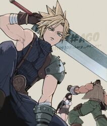  1girl 2boys aqua_eyes armor arms_behind_back bandaged_arm bandages bare_shoulders barret_wallace belt black_gloves black_hair black_skirt blonde_hair blue_pants blue_shirt breasts brown_belt brown_gloves brown_vest clenched_hand cloud_strife commentary_request crop_top dark-skinned_male dark_skin dated elbow_gloves final_fantasy final_fantasy_vii fingerless_gloves gloves green_pants hair_tie holding holding_behind_back holding_sword holding_weapon holding_weapon_behind_back holster large_breasts long_hair low-tied_long_hair miniskirt multiple_boys pants red_gloves sharp_na_ago shirt short_hair shoulder_armor single_bare_shoulder single_shoulder_pad skirt sleeveless sleeveless_shirt sleeveless_turtleneck spiky_hair squatting sword thigh_holster tifa_lockhart torn_clothes torn_sleeves turtleneck twitter_username upper_body very_short_hair vest weapon white_shirt 