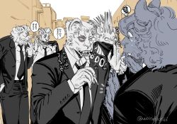  5boys agata_(beastars) animal_ears artist_name bandana bandana_over_mouth beastars cigarette claws commentary_request dolph_(beastars) facing_another fangs free_(beastars) furry furry_male hand_in_pocket highres holding holding_cigarette jinma_(beastars) lion_boy lion_ears lion_mane looking_at_another looking_to_the_side male_focus monochrome multiple_boys musical_note necktie open_mouth pants sabu_(beastars) scar scar_on_face smoke smoke_ring smoking sound_effects speech_bubble spoken_musical_note suit thought_bubble translation_request twitter_username wakimichiii whiskers 