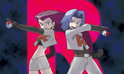  1boy 1girl belt black_gloves black_shirt blue_hair breasts brown_belt clenched_hand closed_mouth crop_top cropped_jacket earrings elbow_gloves eyelashes gloves hair_intakes holding holding_poke_ball jacket james_(pokemon) jessie_(pokemon) jewelry long_hair long_sleeves lowres midriff navel official_art open_mouth outstretched_arm pants pink_hair poke_ball poke_ball_(basic) pokemon pokemon_(anime) pokemon_tcg shirt short_hair skirt smile sugimori_ken team_rocket team_rocket_uniform third-party_source white_jacket white_pants white_skirt 