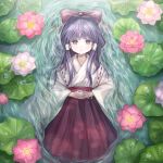  1girl bow flower hair_bow hair_tubes hakama hakurei_reimu hakurei_reimu_(pc-98) highres japanese_clothes long_hair long_sleeves lying lying_on_water miko pink_flower purple_hair red_bow red_hakama sasami_(shiroi_fuwafuwa) solo touhou touhou_(pc-98) violet_eyes water wide_sleeves 