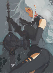  1girl absurdres arknights ascot ass bare_shoulders black_ascot black_chaps black_gloves black_pants black_shirt bright_pupils chaps chinese_text clothing_cutout cowboy_shot detached_sleeves english_text gloves grey_hair hair_between_eyes highres holding holding_sword holding_weapon in_water infection_monitor_(arknights) long_hair looking_at_viewer lying messy_hair missing_headwear on_side pants red_eyes shirt skadi_(arknights) skadi_(elite_ii)_(arknights) solo sword thigh_cutout very_long_hair weapon wet white_pupils you_ren 
