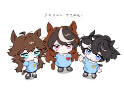  3girls :| ac3h1gh aged_down ahoge animal_ears aqua_eyes arms_behind_back black_shoes blue_eyes blue_shirt blush chibi child closed_mouth commentary_request dot_mouth dot_nose english_text from_above grey_shoes hair_between_eyes hand_to_own_mouth highres horse_ears horse_girl horse_tail katsuragi_ace_(umamusume) kindergarten_uniform korean_commentary long_hair looking_at_viewer mr._c.b._(umamusume) multicolored_hair multiple_girls name_tag open_mouth pink_eyes pointing ponytail shirt shoes short_sleeves shorts simple_background streaked_hair symboli_rudolf_(umamusume) tail umamusume v-shaped_eyebrows white_background white_streaks 
