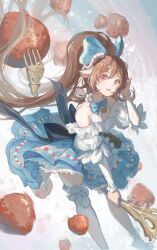  1girl absurdres animal_ears arknights bare_shoulders bell blue_bow blue_bowtie blue_skirt bow bowtie brown_hair chinese_commentary commentary eyjafjalla_(arknights) eyjafjalla_the_hvit_aska_(a_picnic_before_a_long_trip)_(arknights) eyjafjalla_the_hvit_aska_(arknights) food fork frills fruit hair_bow hand_in_own_hair highres horns jingle_bell ling_nian_dolly long_hair long_sleeves mini_person minigirl neck_bell official_alternate_costume open_mouth red_eyes riding sheep_ears sheep_girl sheep_horns shirt skirt smile solo strawberry thigh-highs very_long_hair white_horns white_shirt white_thighhighs 