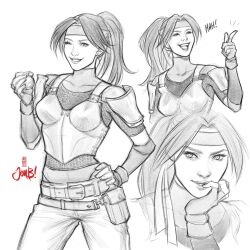  1girl armor artist_name bomb breastplate chainmail commentary_request cowboy_shot explosive final_fantasy final_fantasy_vii final_fantasy_vii_remake greyscale hand_on_own_chin hand_on_own_hip highres holding holding_bomb jen_bartel jessie_rasberry leotard long_hair maid_headdress monochrome one_eye_closed pants parted_bangs parted_lips ponytail shoulder_armor sketch smile solo upper_body white_background 