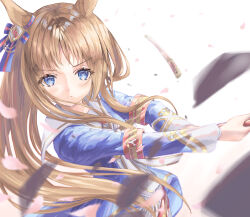  1girl animal_ears armband blue_eyes blue_jacket blush bow brown_hair closed_mouth commentary_request dress ear_bow ear_ribbon grass_wonder_(stone-piercing_blue)_(umamusume) grass_wonder_(umamusume) highres holding holding_polearm holding_weapon horse_ears horse_girl jacket long_hair long_sleeves looking_at_viewer multicolored_hair naginata polearm red_armband sailor_collar solo tsurubami_(gaad5227) umamusume weapon white_dress white_hair 