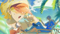  2boys absurdres aqua_hair assault_visor bada(catty) blonde_hair blue_sky clouds cloudy_sky commentary_request day hawaiian_shirt highres male_focus multiple_boys open_mouth original palm_tree shirt sky summer surprised tree water_gun wide-eyed 