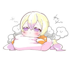  1girl blush closed_mouth commentary_request hair_between_eyes hugging_object ikaguchiei long_hair magical_girl mahou_shoujo_ikusei_keikaku mahou_shoujo_ikusei_keikaku_unmarked multicolored_hair nemurin orange_pajamas pajamas pillow pillow_hug smile violet_eyes white_background 