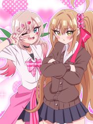  2girls :d ;d alternate_hairstyle bead_bracelet beads black_choker black_skirt blonde_hair blue_eyes blush bow bowtie bracelet brown_cardigan cardigan choker clothes_around_waist commentary cowboy_shot crossed_arms facial_mark gradient_hair green_eyes green_ribbon gyaru hair_between_eyes hair_intakes hair_ornament hair_ribbon hair_scrunchie hairclip hairstyle_switch heart heart_background heart_facial_mark heart_hair_ornament highres inda_karane jacket jacket_around_waist jewelry kedarui_aashii kimi_no_koto_ga_dai_dai_dai_dai_daisuki_na_100-nin_no_kanojo kogal long_hair long_sleeves looking_at_viewer loose_bowtie low_twintails mark_under_eye miniskirt multicolored_hair multiple_girls one_eye_closed open_mouth outline pink_bow pink_bowtie pink_hair pink_jacket pink_ribbon pink_scrunchie plaid_bow plaid_bowtie plaid_clothes pleated_skirt ribbon ring scrunchie shirt side_ponytail simple_background skirt smile taiki0024 triangle_mouth twintails v v-shaped_eyebrows v_over_eye very_long_hair white_outline white_shirt wing_collar 